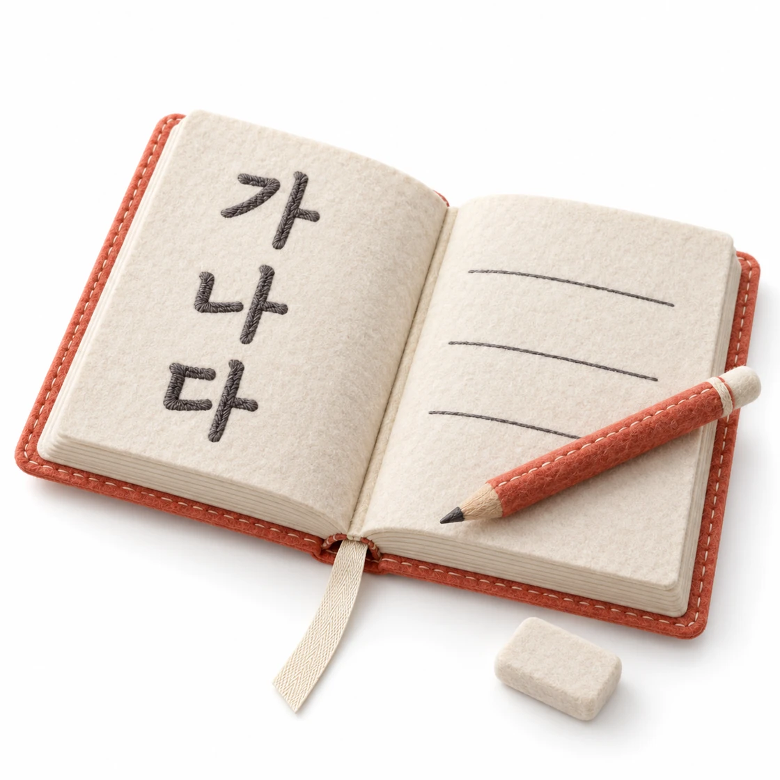 가나다를 수놓은 펼친 한국어 교재와 코럴색 연필