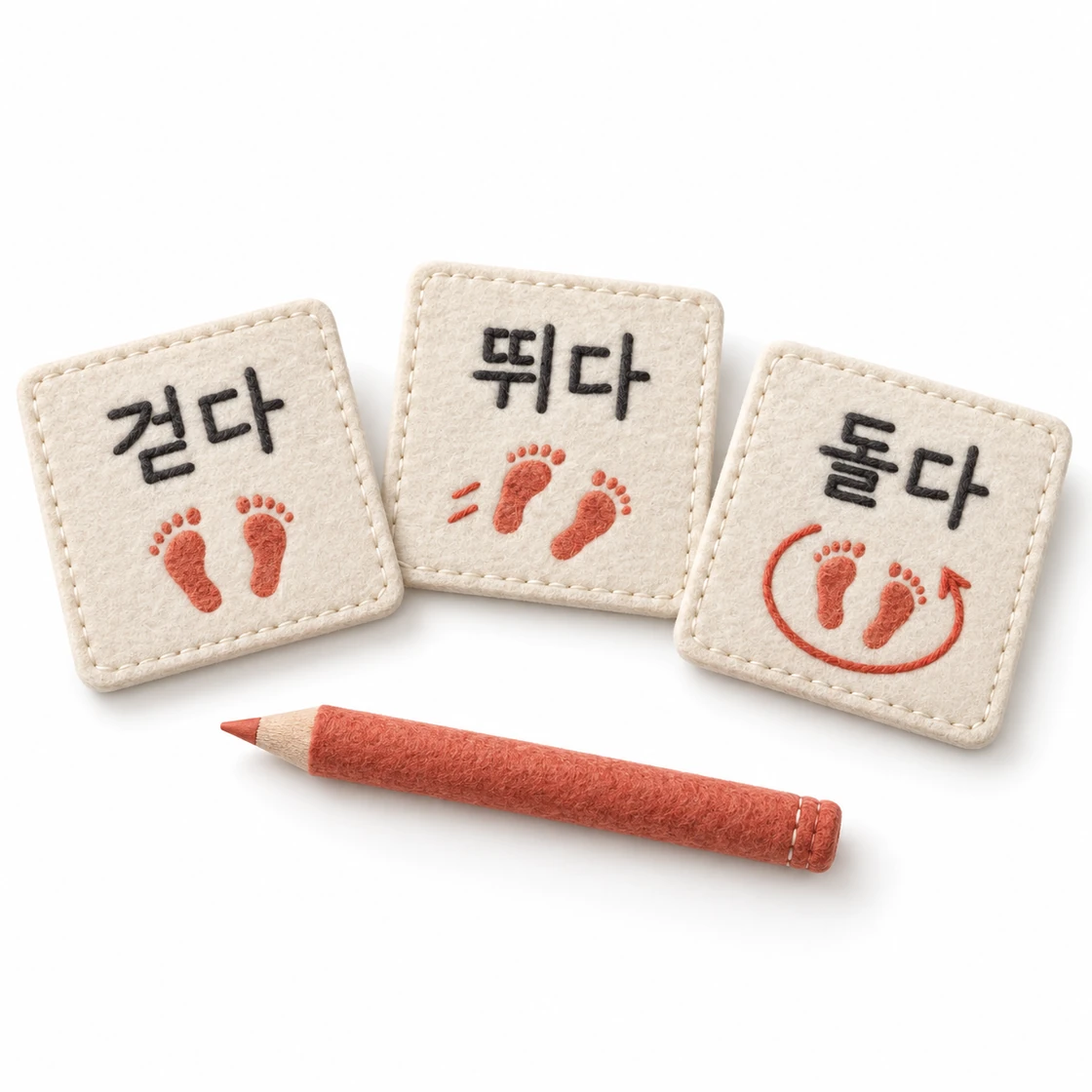 걷다, 뛰다, 돌다 단어와 발자국을 연결한 한국어 활동 카드
