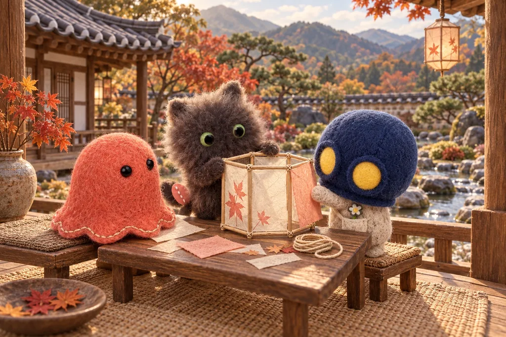 가을 한옥 정원에서 한지 등을 함께 만드는 몽글, 까몽, 마린. 까몽이 대나무 틀을 잡고 마린이 한지를 붙이며, 몽글은 곁에서 종이를 받치고 있습니다.